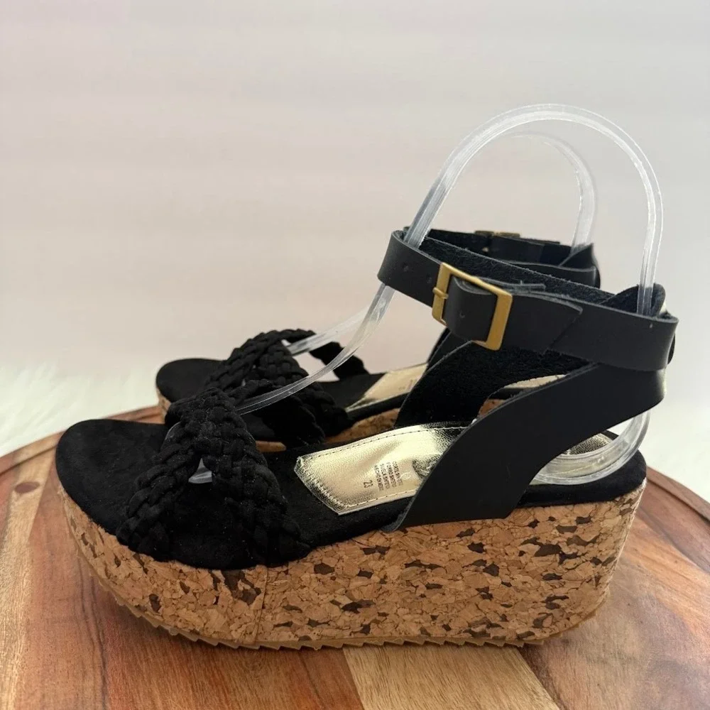 Alicia Leon Black Braided Platform Wedge Size 6 Sandals Cork Heel LIGHT WEIGHT